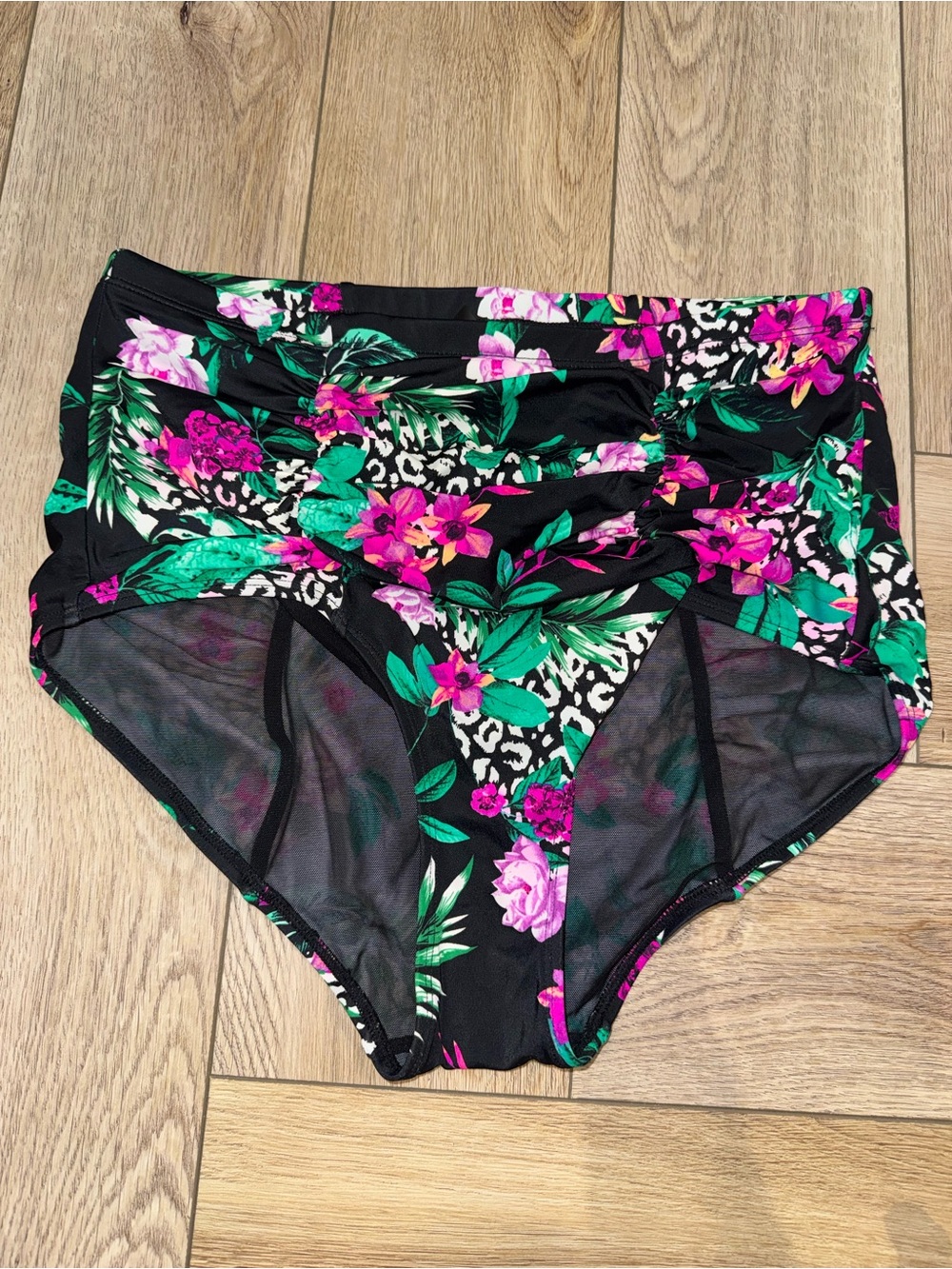 Torrid High-Waist ruched Floral Bikini Bottoms - Black with Pink & Green